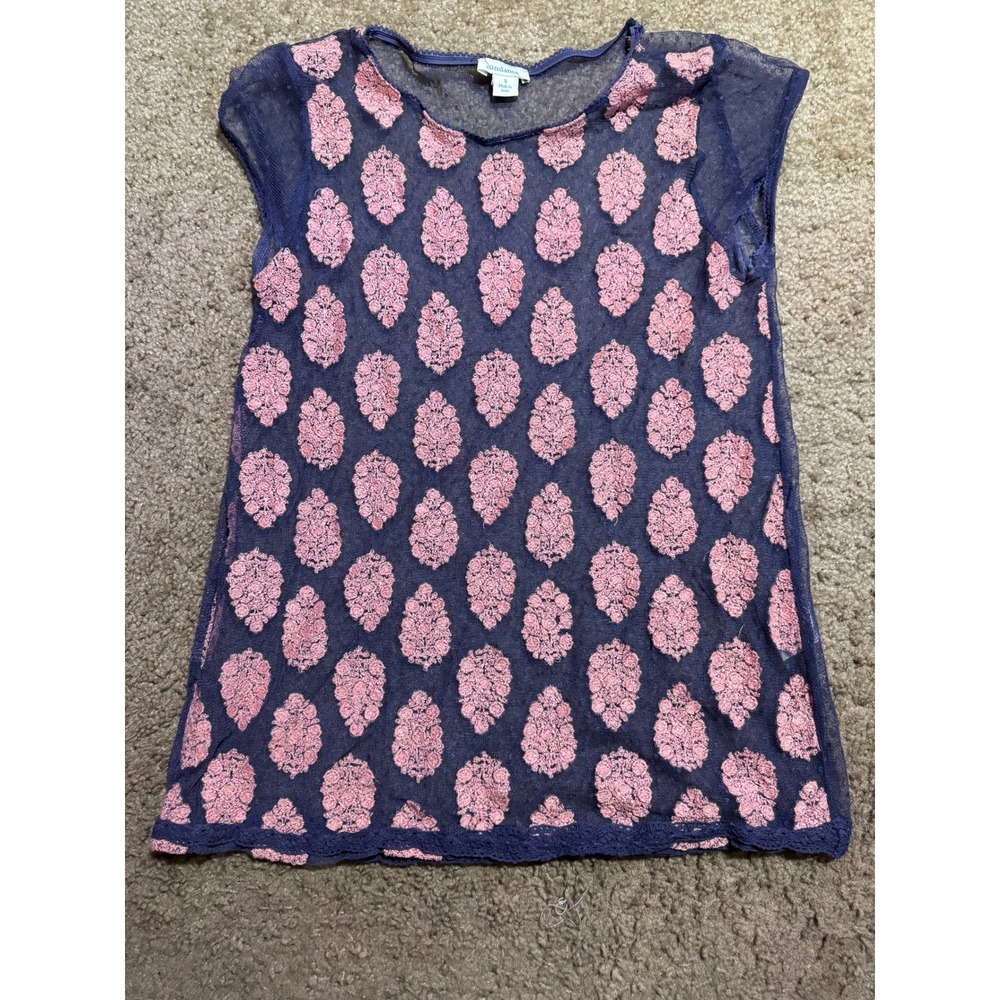 Sundance Women Blue Pink Mesh Embroidered Medallion Cap Sleeve Lace Trim Top S - Picture 2 of 6